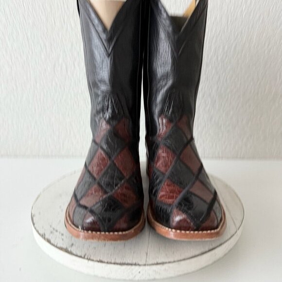 Rod Patrick Mens Patchwork Cowboy Boots 11C Brown Black Leather Western 11" Tall - Picture 5 of 12